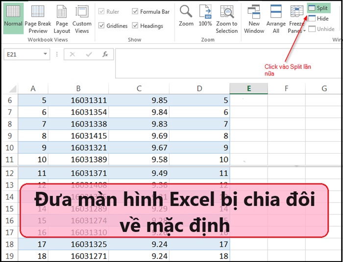 Đưa màn hình Excel bị chia đôi về mặc định